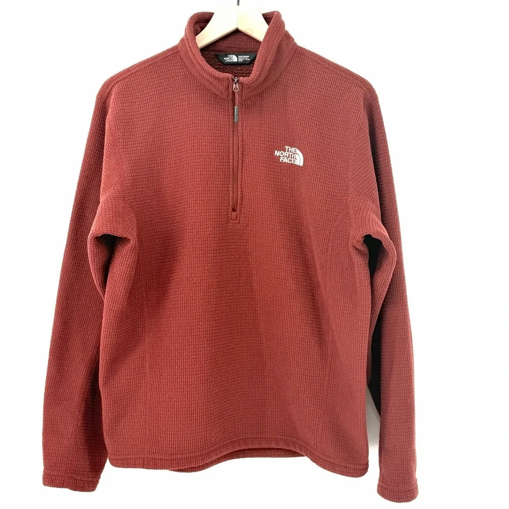 The North Face Mens Quarter Zip Waffle Grid Fleece Pullover Rust Red Medium